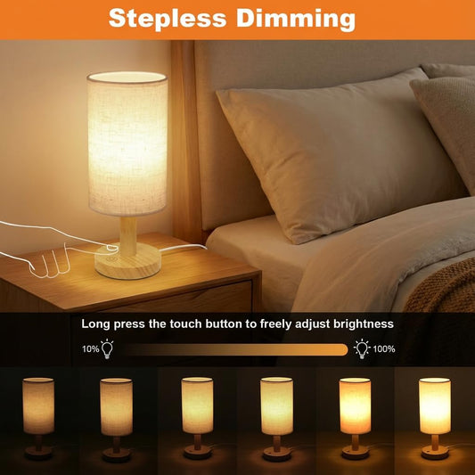 Touch Bedside Table Lamp with Stepless Dimming, USB Powered