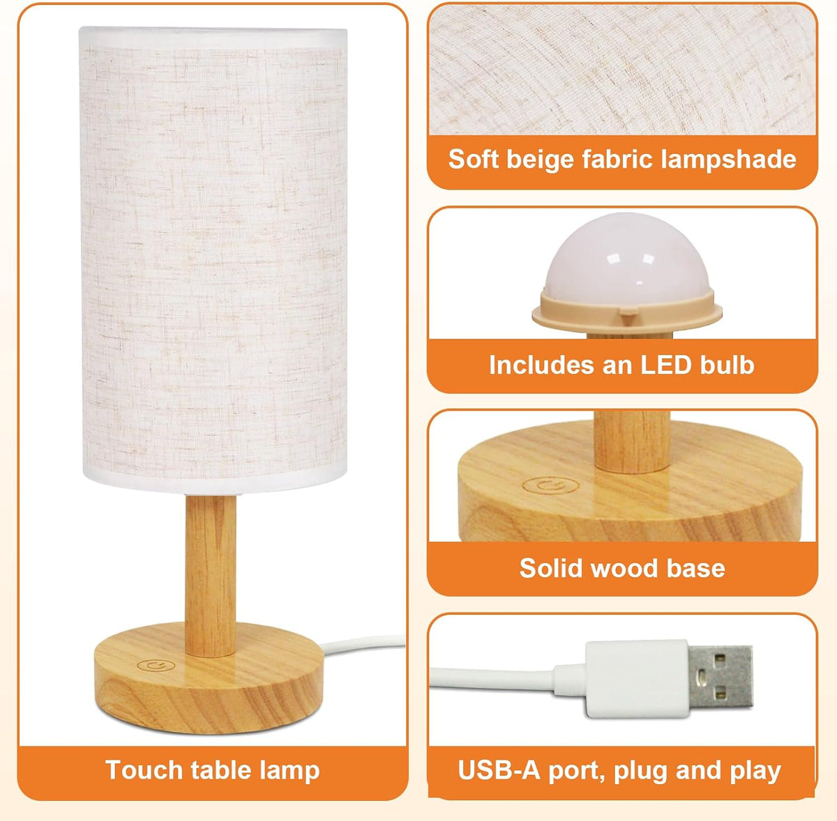 Touch Bedside Table Lamp with Stepless Dimming, USB Powered