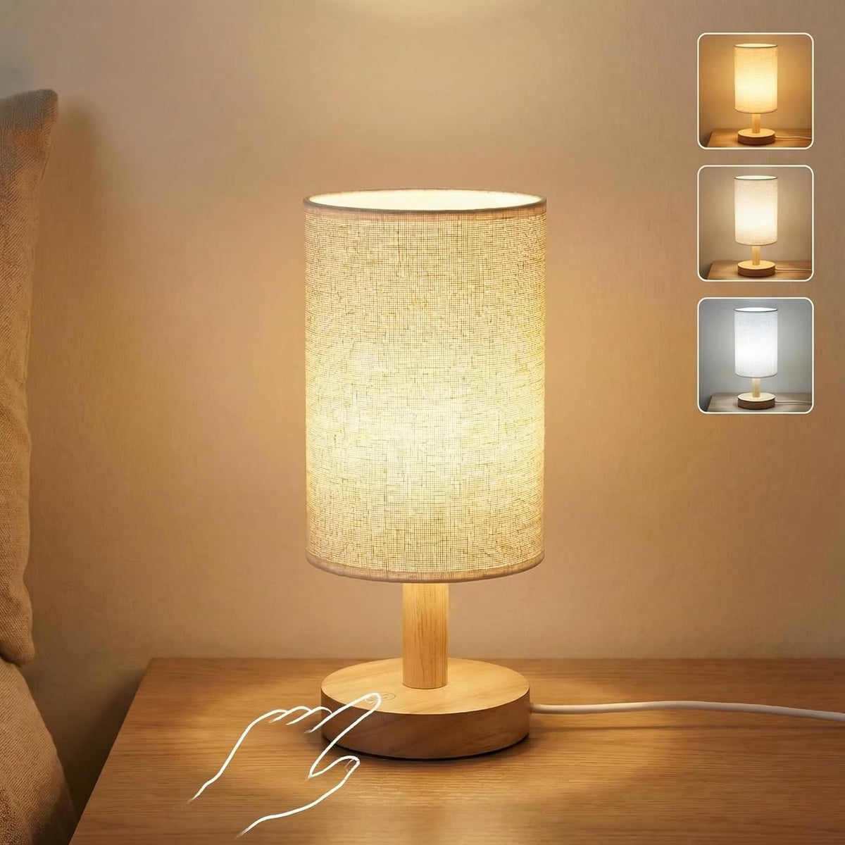 Touch Bedside Table Lamp with Stepless Dimming, USB Powered