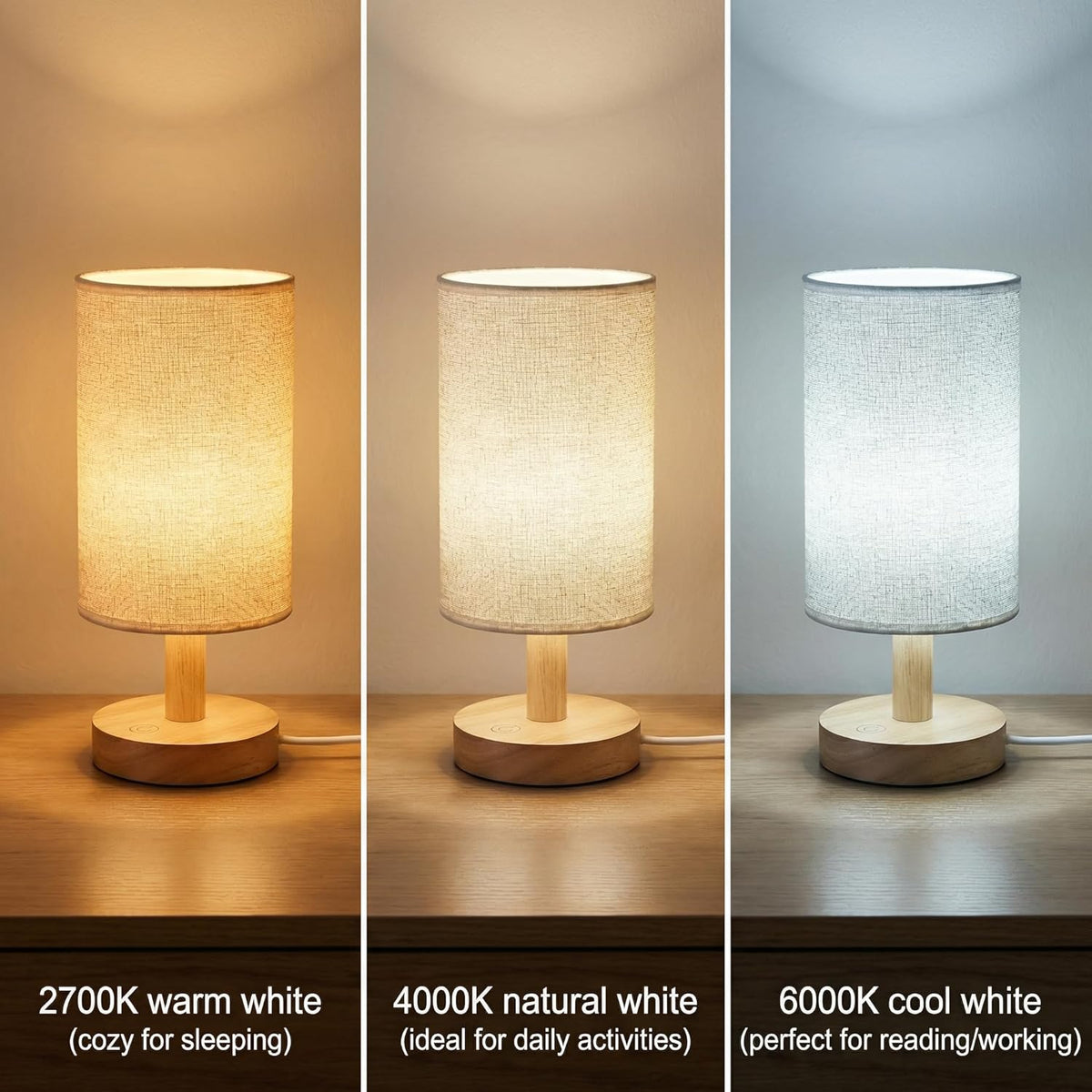 Touch Bedside Table Lamp with Stepless Dimming, USB Powered