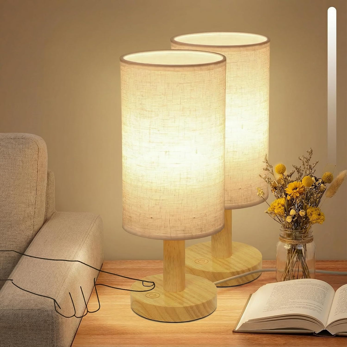 Touch Bedside Table Lamp with Stepless Dimming, USB Powered