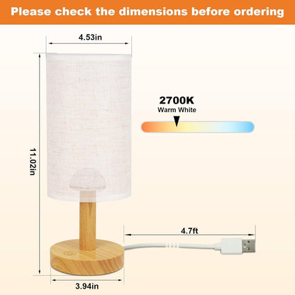 Touch Bedside Table Lamp with Stepless Dimming, USB Powered