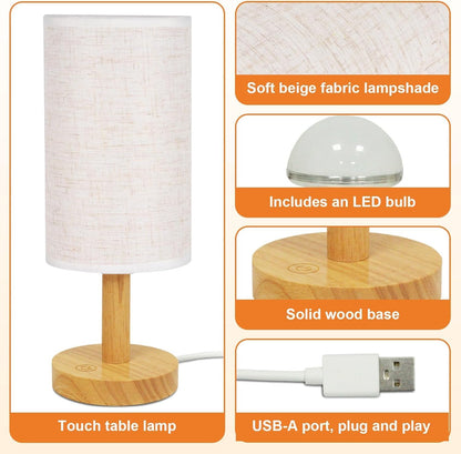 Touch Bedside Table Lamp with Stepless Dimming, USB Powered