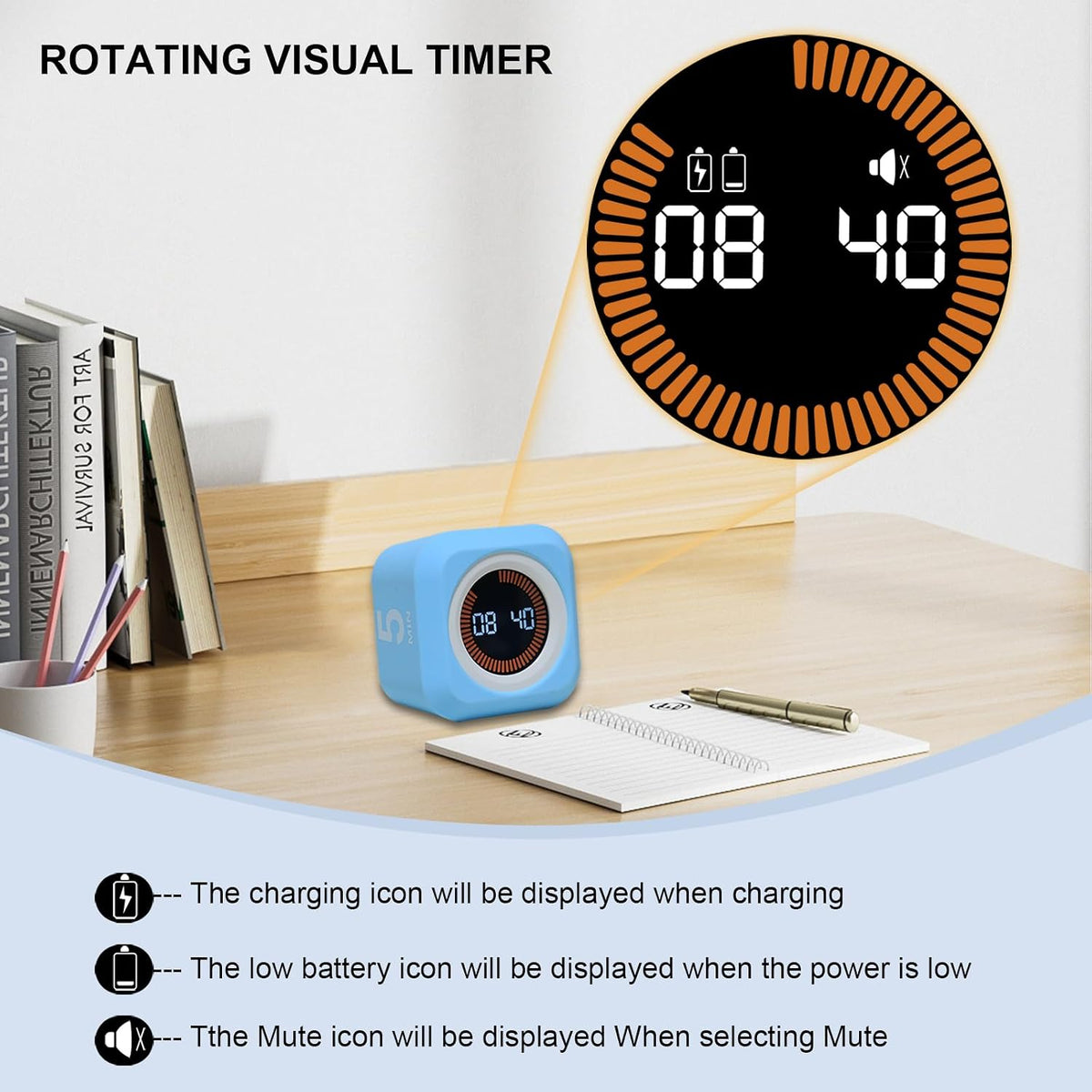 Rotating Cube Countdown Visual Timer 5, 25, 10 50 Minutes Preset
