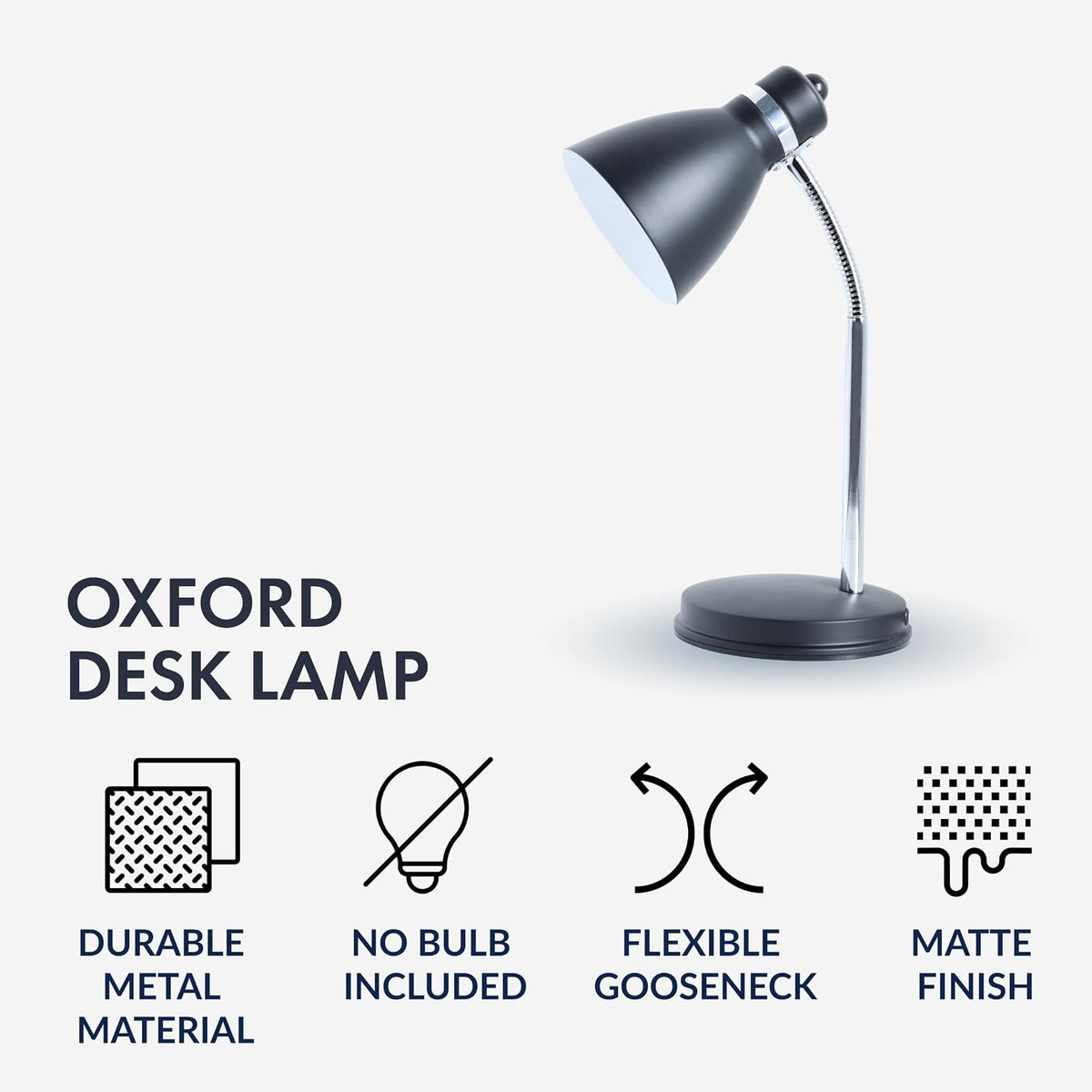NHDK-OX-BK Oxford Black Metal Flexible Classic Desk or Table Lamp for Office or Bedroom Use