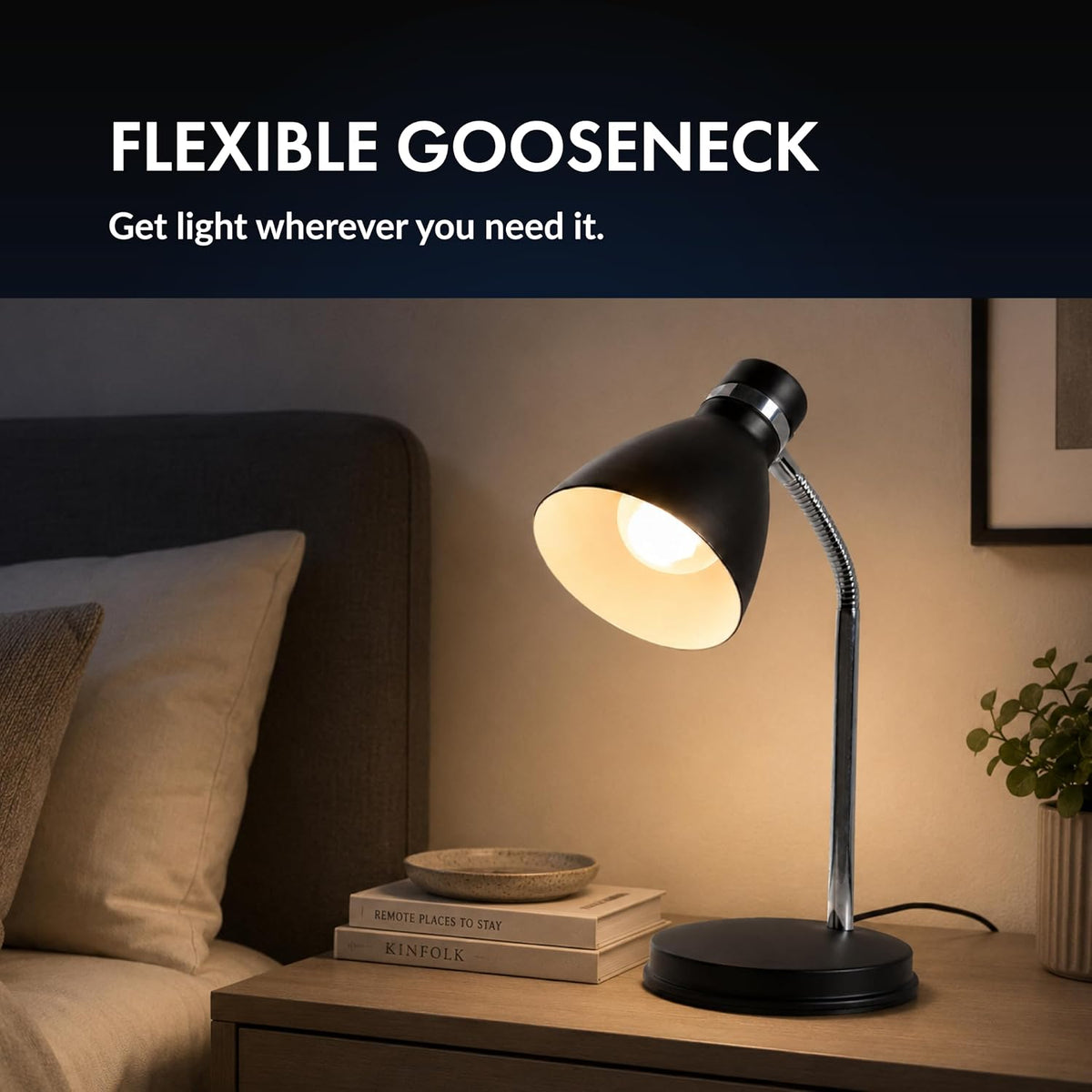 NHDK-OX-BK Oxford Black Metal Flexible Classic Desk or Table Lamp for Office or Bedroom Use