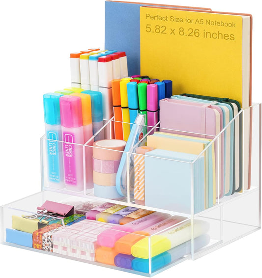 Acrylic Desk Organizer, Upgraded Clear Pencil Organizer for Desk, 7 Compartments Stationary Pen Organizer Storage with Drawer, for Office Supply, 500+ Pencils Capacity