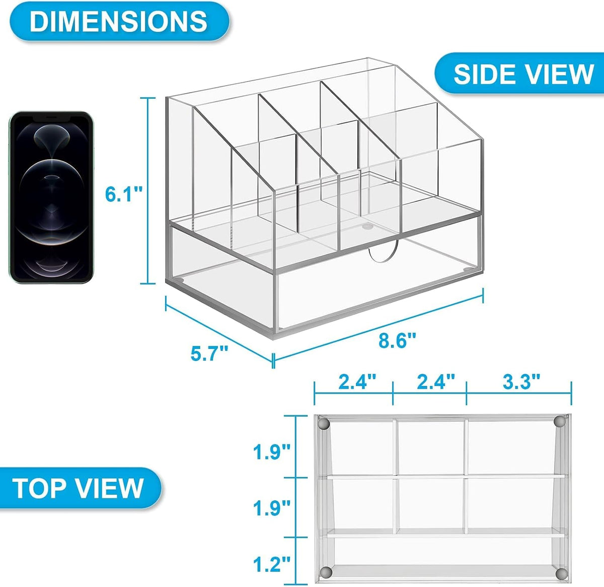 Acrylic Desk Organizer, Upgraded Clear Pencil Organizer for Desk, 7 Compartments Stationary Pen Organizer Storage with Drawer, for Office Supply, 500+ Pencils Capacity