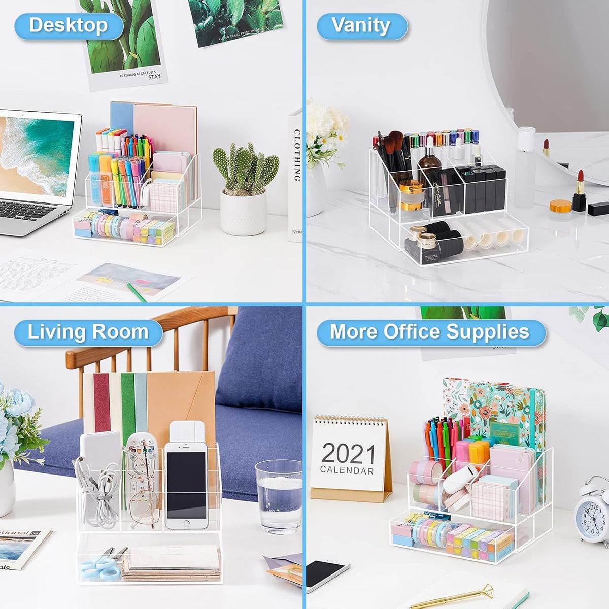 Acrylic Desk Organizer, Upgraded Clear Pencil Organizer for Desk, 7 Compartments Stationary Pen Organizer Storage with Drawer, for Office Supply, 500+ Pencils Capacity