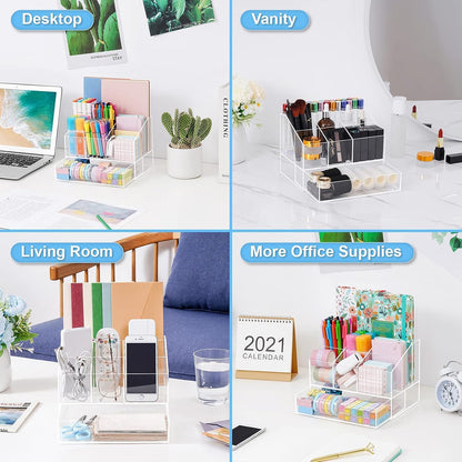 Acrylic Desk Organizer, Upgraded Clear Pencil Organizer for Desk, 7 Compartments Stationary Pen Organizer Storage with Drawer, for Office Supply, 500+ Pencils Capacity