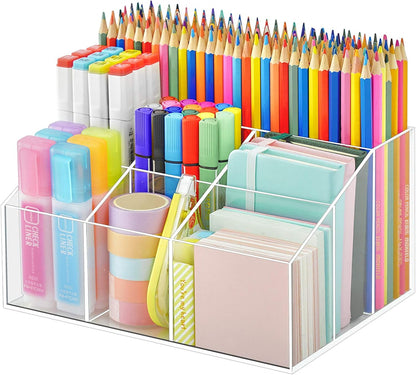 Acrylic Desk Organizer, Upgraded Clear Pencil Organizer for Desk, 7 Compartments Stationary Pen Organizer Storage with Drawer, for Office Supply, 500+ Pencils Capacity