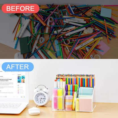 Acrylic Desk Organizer, Upgraded Clear Pencil Organizer for Desk, 7 Compartments Stationary Pen Organizer Storage with Drawer, for Office Supply, 500+ Pencils Capacity