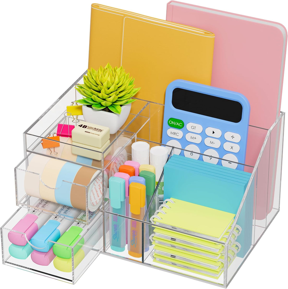 Acrylic Desk Organizer, Upgraded Clear Pencil Organizer for Desk, 7 Compartments Stationary Pen Organizer Storage with Drawer, for Office Supply, 500+ Pencils Capacity