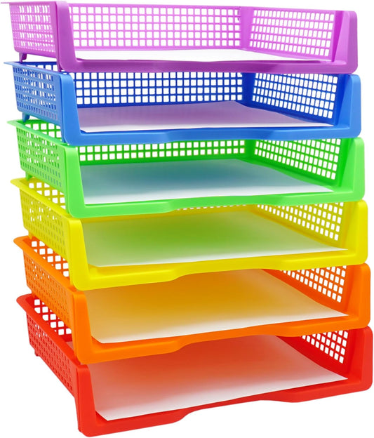 6 Colorful Plastic Trays for Teachers, Durable Turn in Trays, Classroom Paper Organizers, Stackable Storage Baskets for Office Desk, Classroom Organization Supplies, 13.3" Lx9.2 Wx3 H