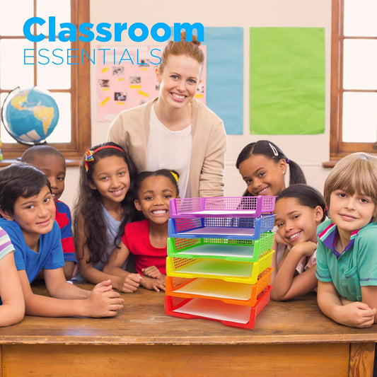 6 Colorful Plastic Trays for Teachers, Durable Turn in Trays, Classroom Paper Organizers, Stackable Storage Baskets for Office Desk, Classroom Organization Supplies, 13.3" Lx9.2 Wx3 H