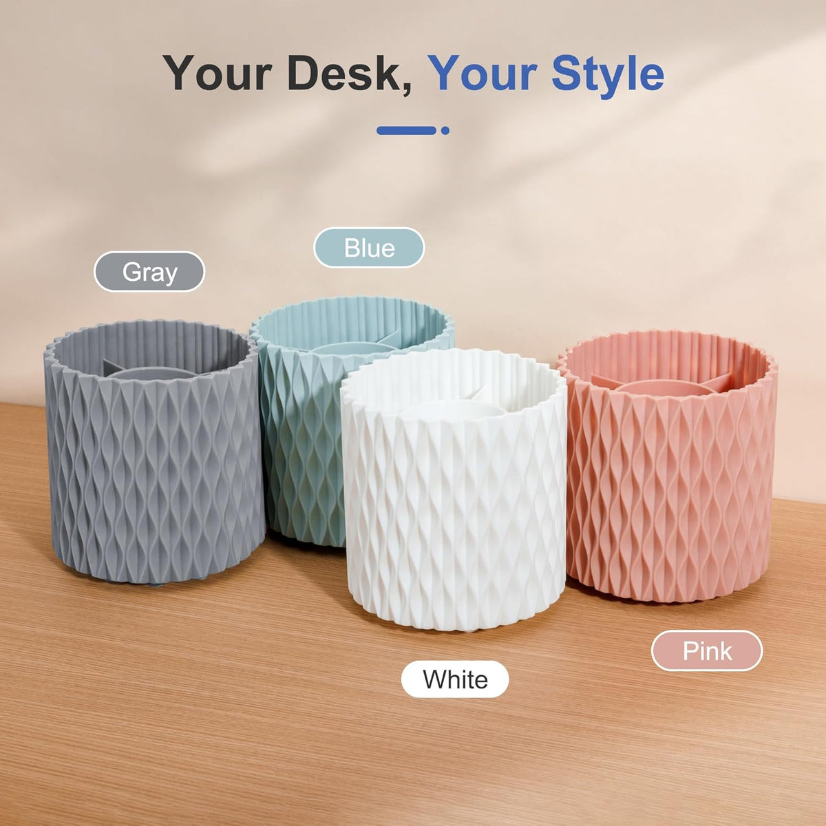 Pen Holder - 360° Rotating, 5 Slot Pen Holder For Desk. Pencil Holder For Office,School,Dorm Room&Vanity, Desk Accessories(White)