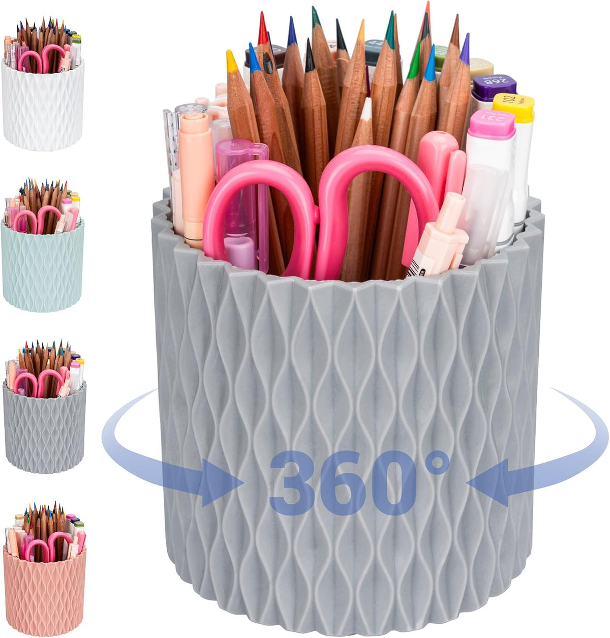 Pen Holder - 360° Rotating, 5 Slot Pen Holder For Desk. Pencil Holder For Office,School,Dorm Room&Vanity, Desk Accessories(White)