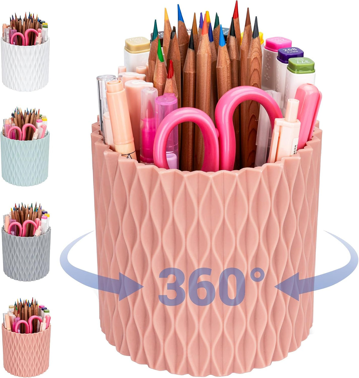Pen Holder - 360° Rotating, 5 Slot Pen Holder For Desk. Pencil Holder For Office,School,Dorm Room&Vanity, Desk Accessories(White)