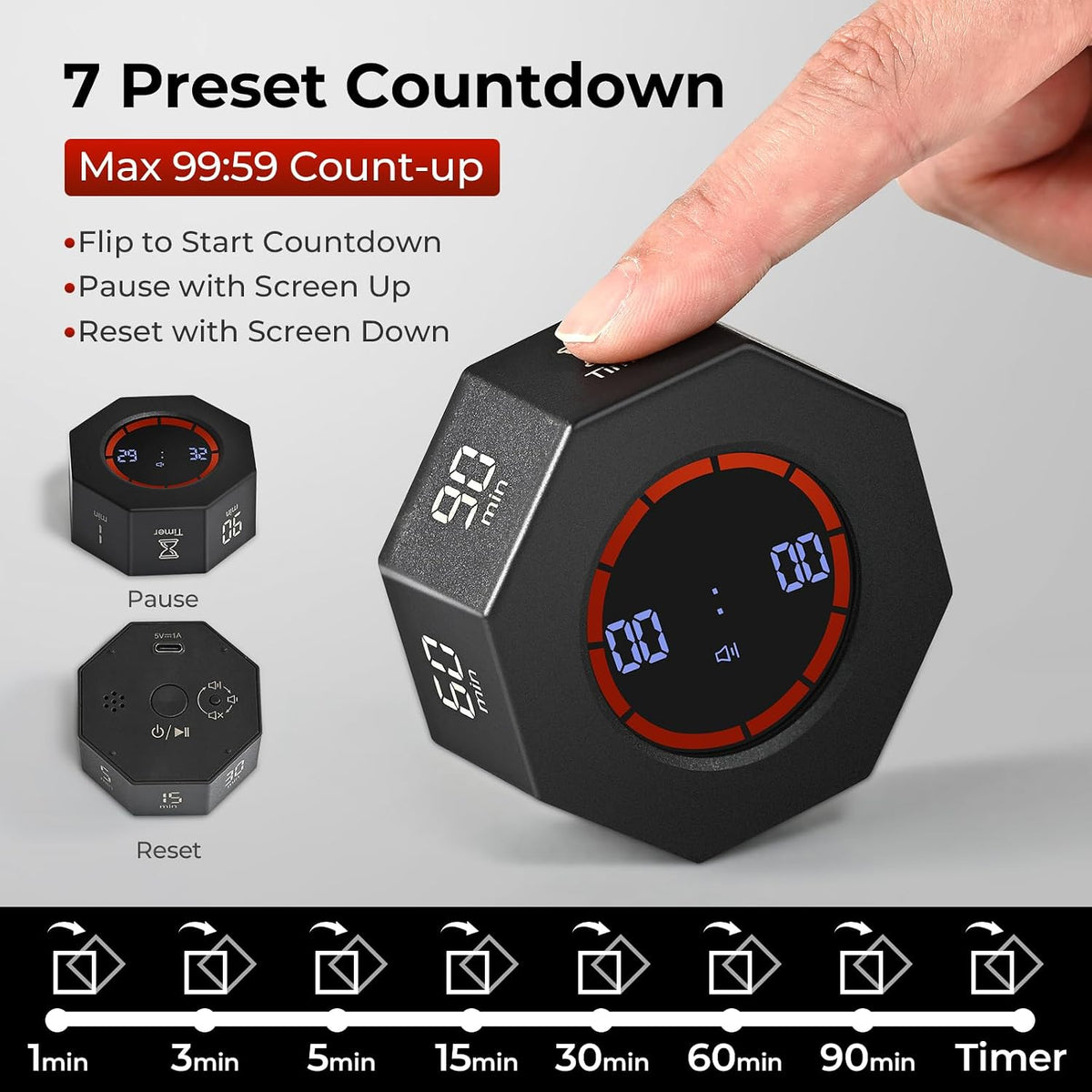 Rechargeable Pomodoro Timer, Small Gravity Timer (Space Gray)