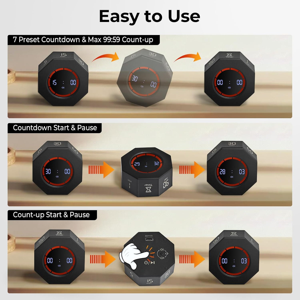 Rechargeable Pomodoro Timer, Small Gravity Timer (Space Gray)