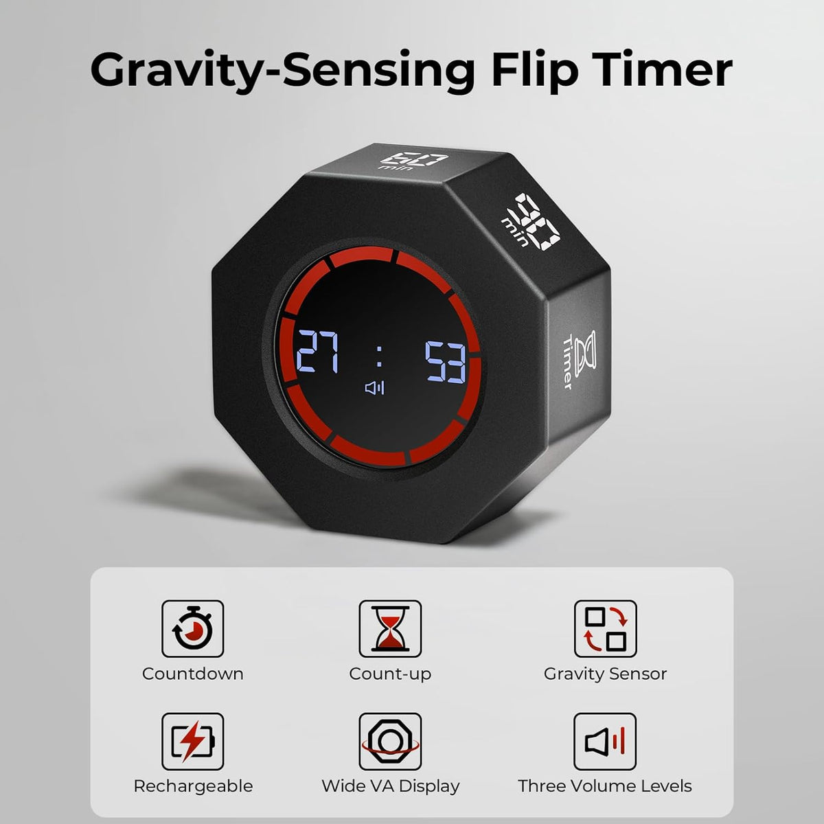 Rechargeable Pomodoro Timer, Small Gravity Timer (Space Gray)