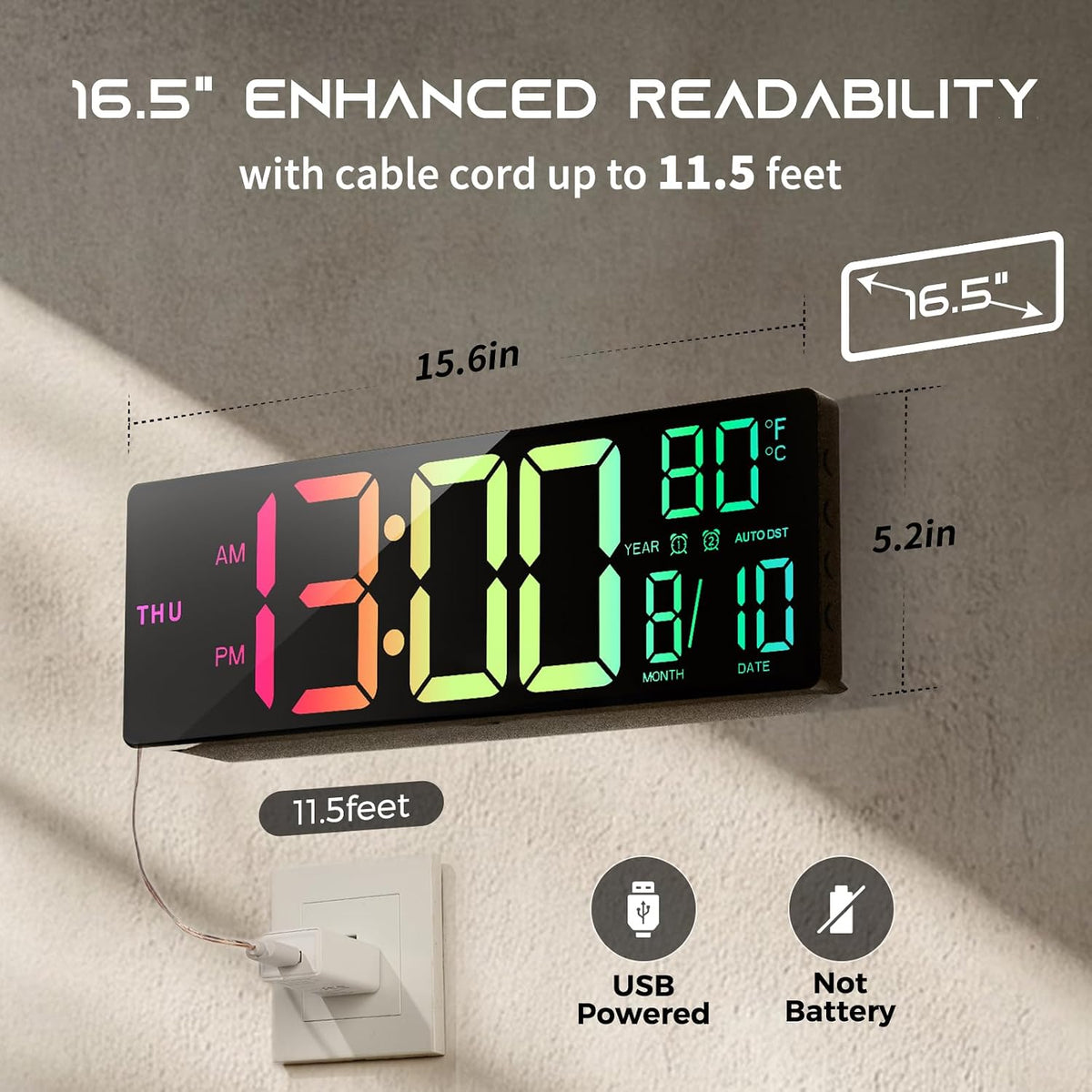 16.5" Large Digital Wall Clock with BT Sync,11 RGB Lights