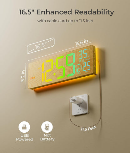 16.5" Large Digital Wall Clock with BT Sync,11 RGB Lights