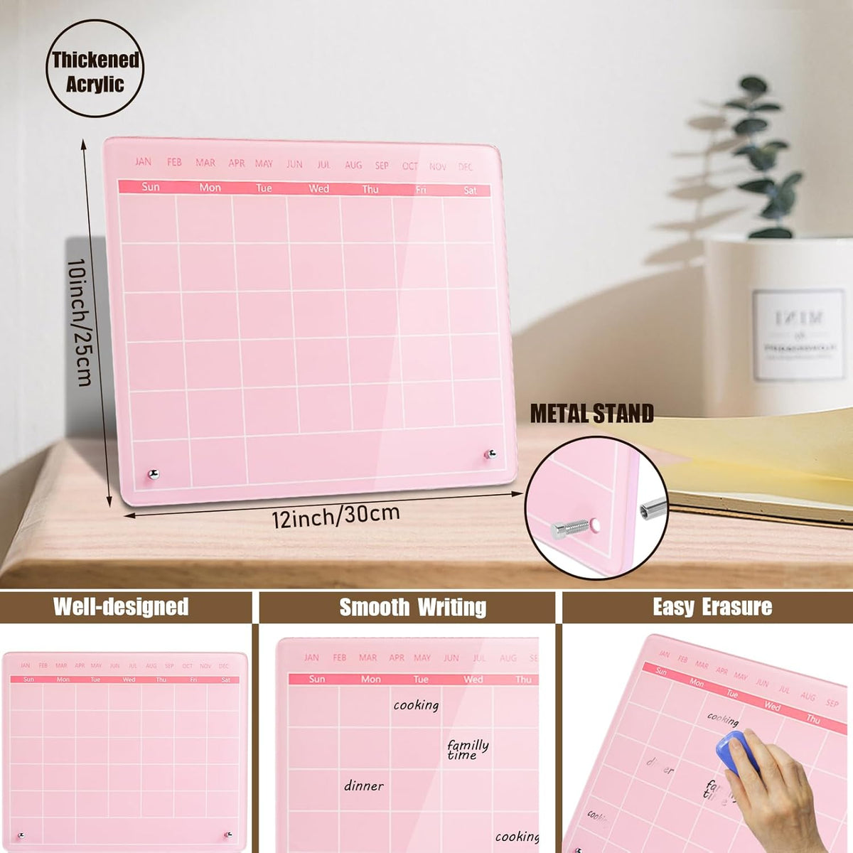 Calendar Dry Erase Board,12"X10",Acrylic Desk Calendar with Stand,Pink Dry Erase Board for Home Office School