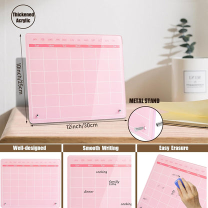 Calendar Dry Erase Board,12"X10",Acrylic Desk Calendar with Stand,Pink Dry Erase Board for Home Office School