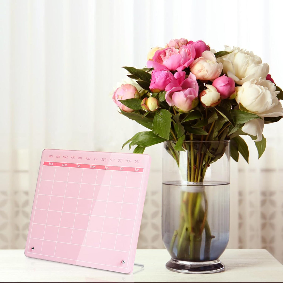 Calendar Dry Erase Board,12"X10",Acrylic Desk Calendar with Stand,Pink Dry Erase Board for Home Office School