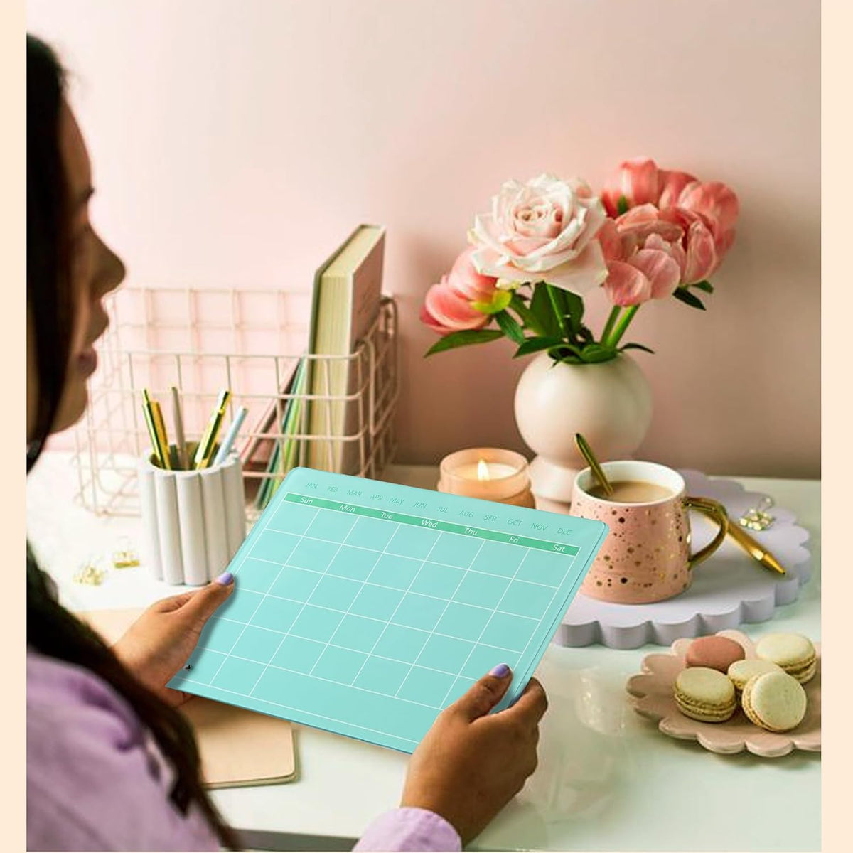 Calendar Dry Erase Board,12"X10",Acrylic Desk Calendar with Stand,Pink Dry Erase Board for Home Office School