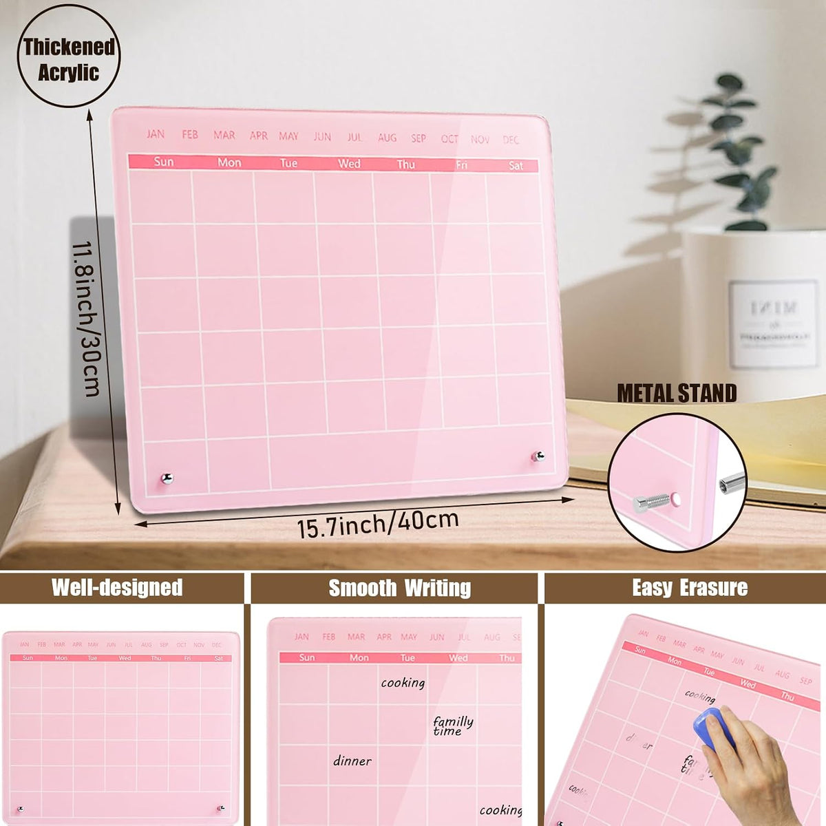 Calendar Dry Erase Board,12"X10",Acrylic Desk Calendar with Stand,Pink Dry Erase Board for Home Office School