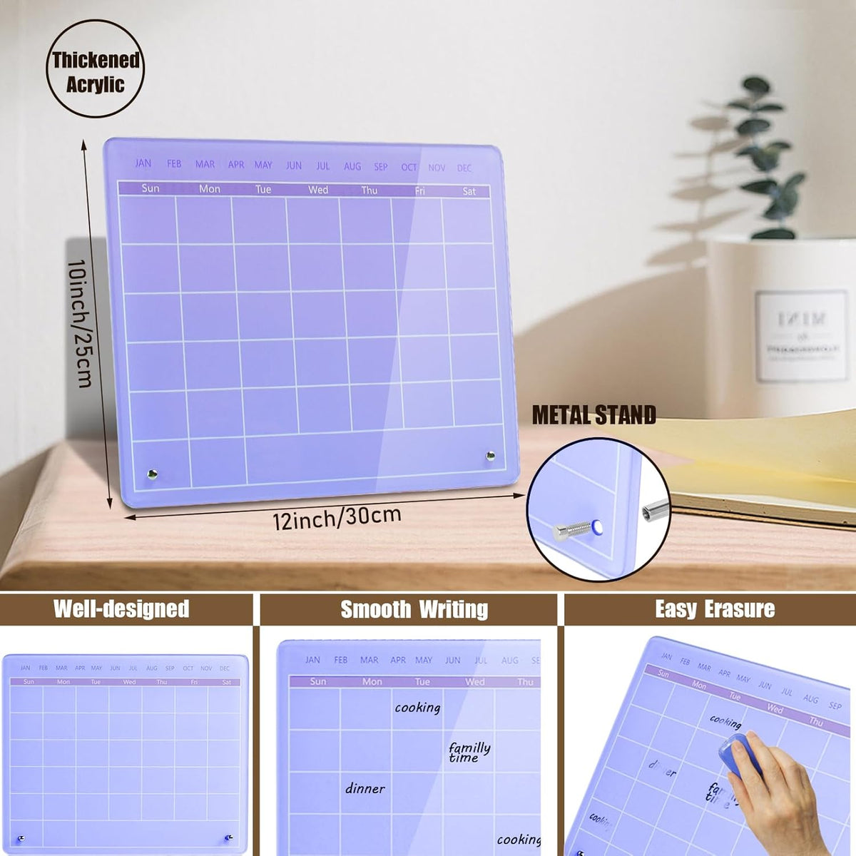 Calendar Dry Erase Board,12"X10",Acrylic Desk Calendar with Stand,Pink Dry Erase Board for Home Office School