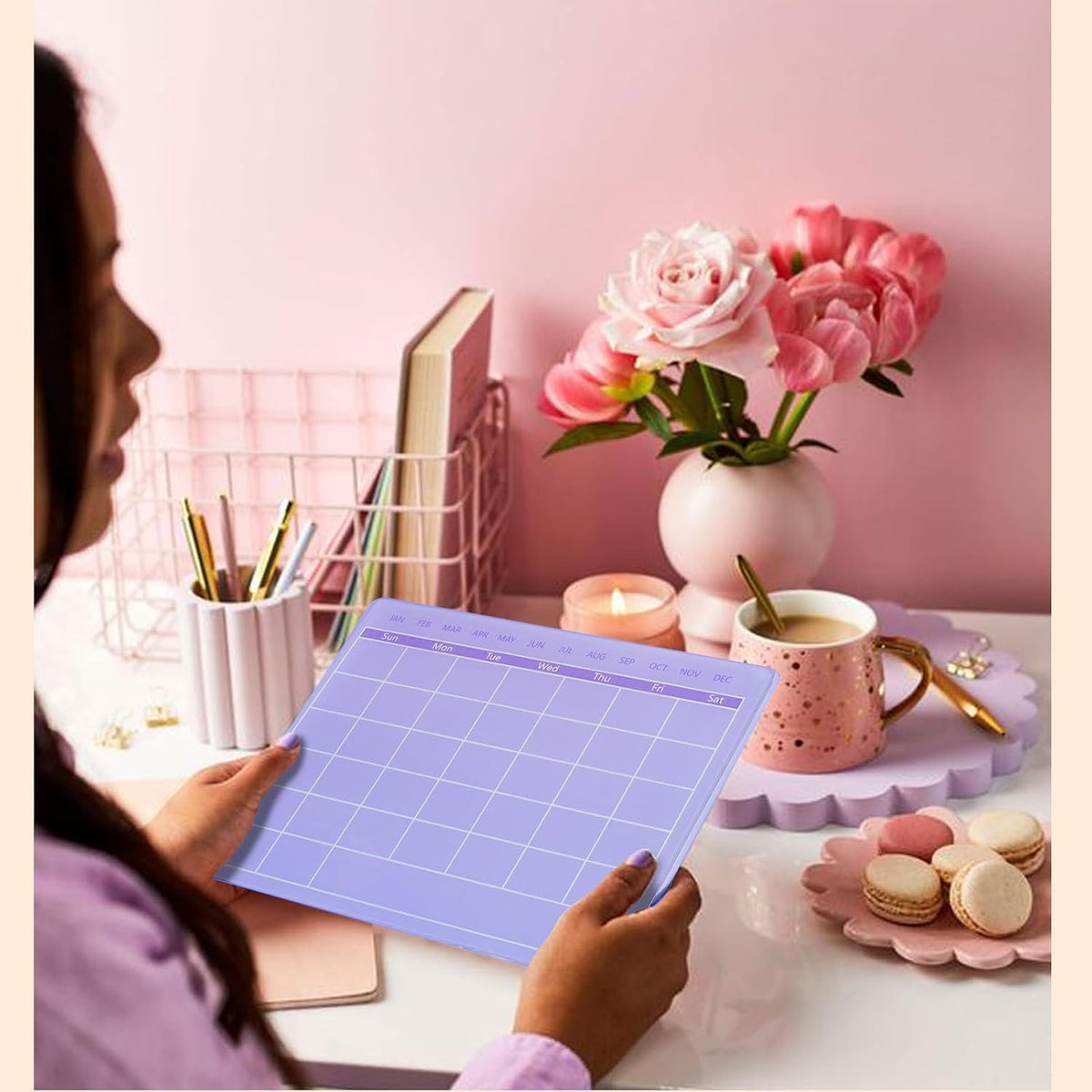 Calendar Dry Erase Board,12"X10",Acrylic Desk Calendar with Stand,Pink Dry Erase Board for Home Office School
