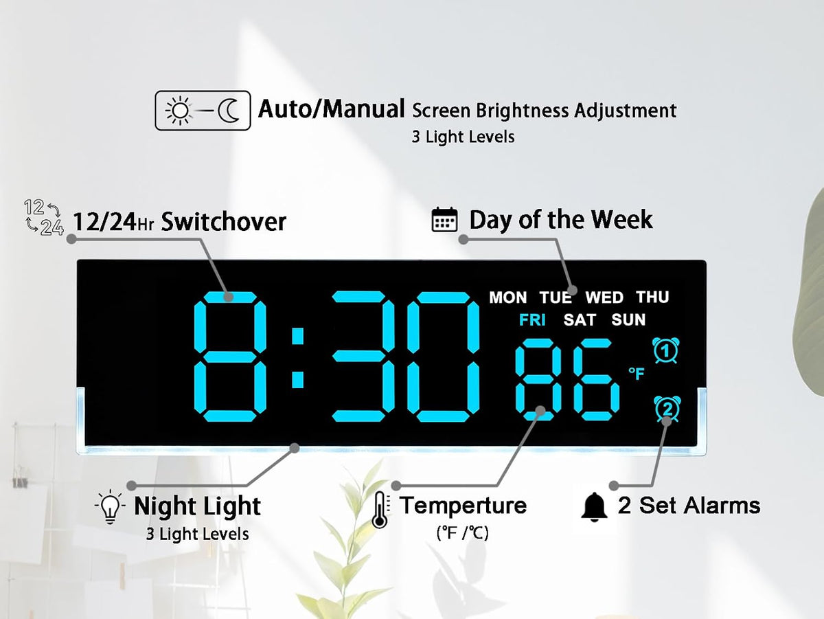 7 Inch LED Digital Alarm Clock, Blue