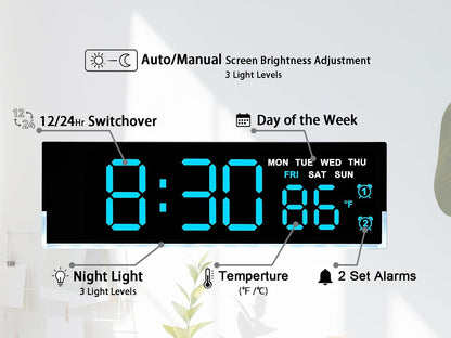 7 Inch LED Digital Alarm Clock, Blue