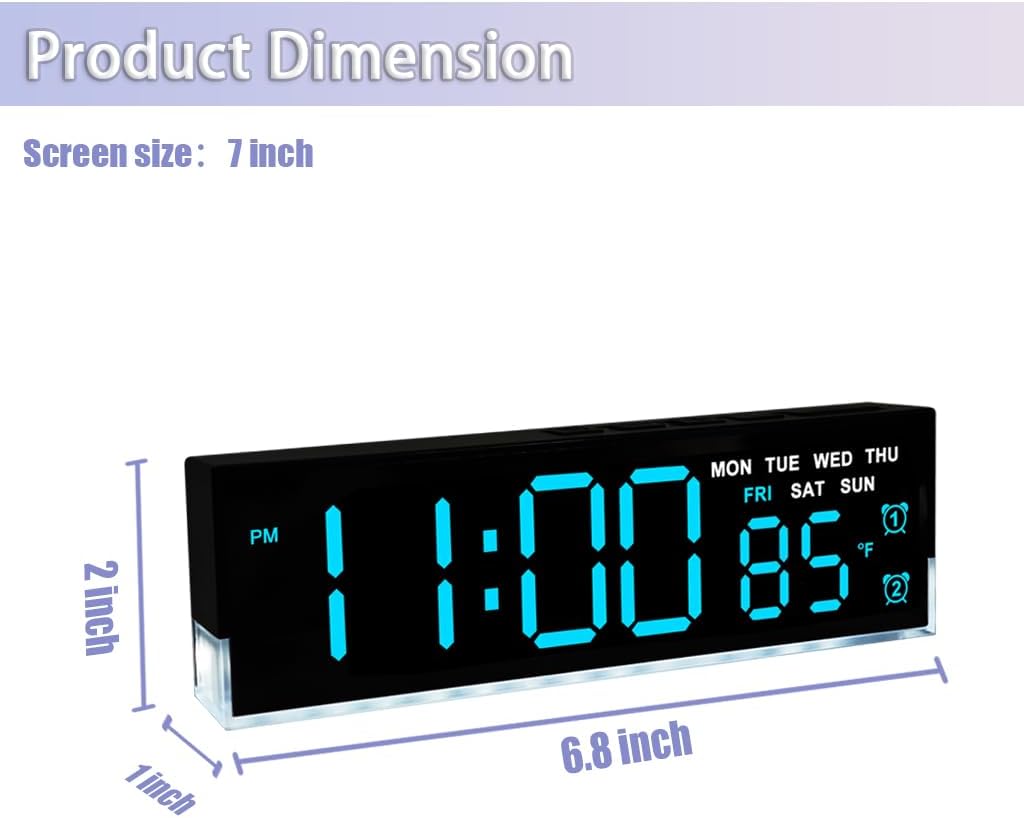 7 Inch LED Digital Alarm Clock, Blue