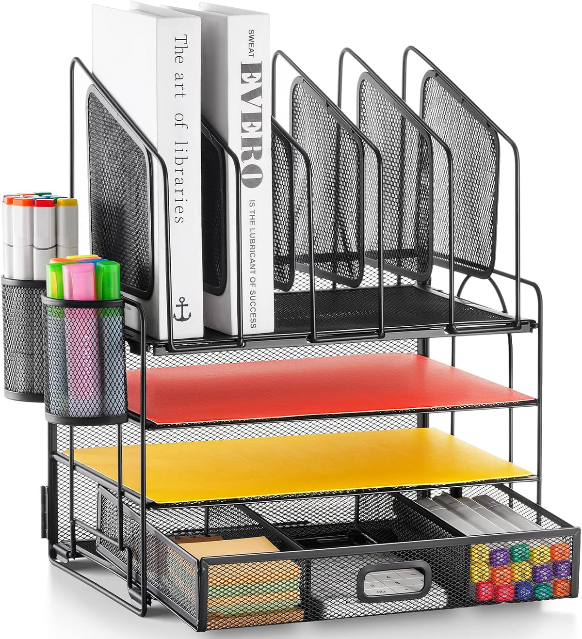 Desk Organizer with Drawer, 4-Tier Mesh File Organizer with 5 Vertical File Holders and 2 Pen Holders, Multifunction Desktop Organizer,Desk Organizers and Accessories for Home Office
