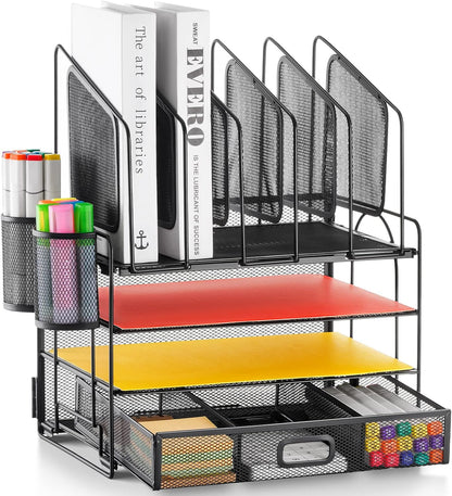 Desk Organizer with Drawer, 4-Tier Mesh File Organizer with 5 Vertical File Holders and 2 Pen Holders, Multifunction Desktop Organizer,Desk Organizers and Accessories for Home Office