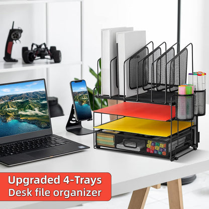 Desk Organizer with Drawer, 4-Tier Mesh File Organizer with 5 Vertical File Holders and 2 Pen Holders, Multifunction Desktop Organizer,Desk Organizers and Accessories for Home Office