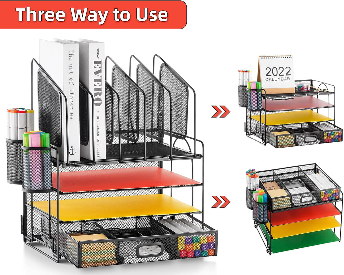 Desk Organizer with Drawer, 4-Tier Mesh File Organizer with 5 Vertical File Holders and 2 Pen Holders, Multifunction Desktop Organizer,Desk Organizers and Accessories for Home Office