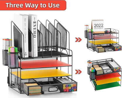 Desk Organizer with Drawer, 4-Tier Mesh File Organizer with 5 Vertical File Holders and 2 Pen Holders, Multifunction Desktop Organizer,Desk Organizers and Accessories for Home Office