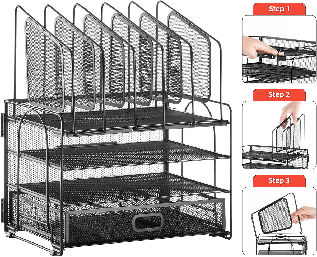 Desk Organizer with Drawer, 4-Tier Mesh File Organizer with 5 Vertical File Holders and 2 Pen Holders, Multifunction Desktop Organizer,Desk Organizers and Accessories for Home Office