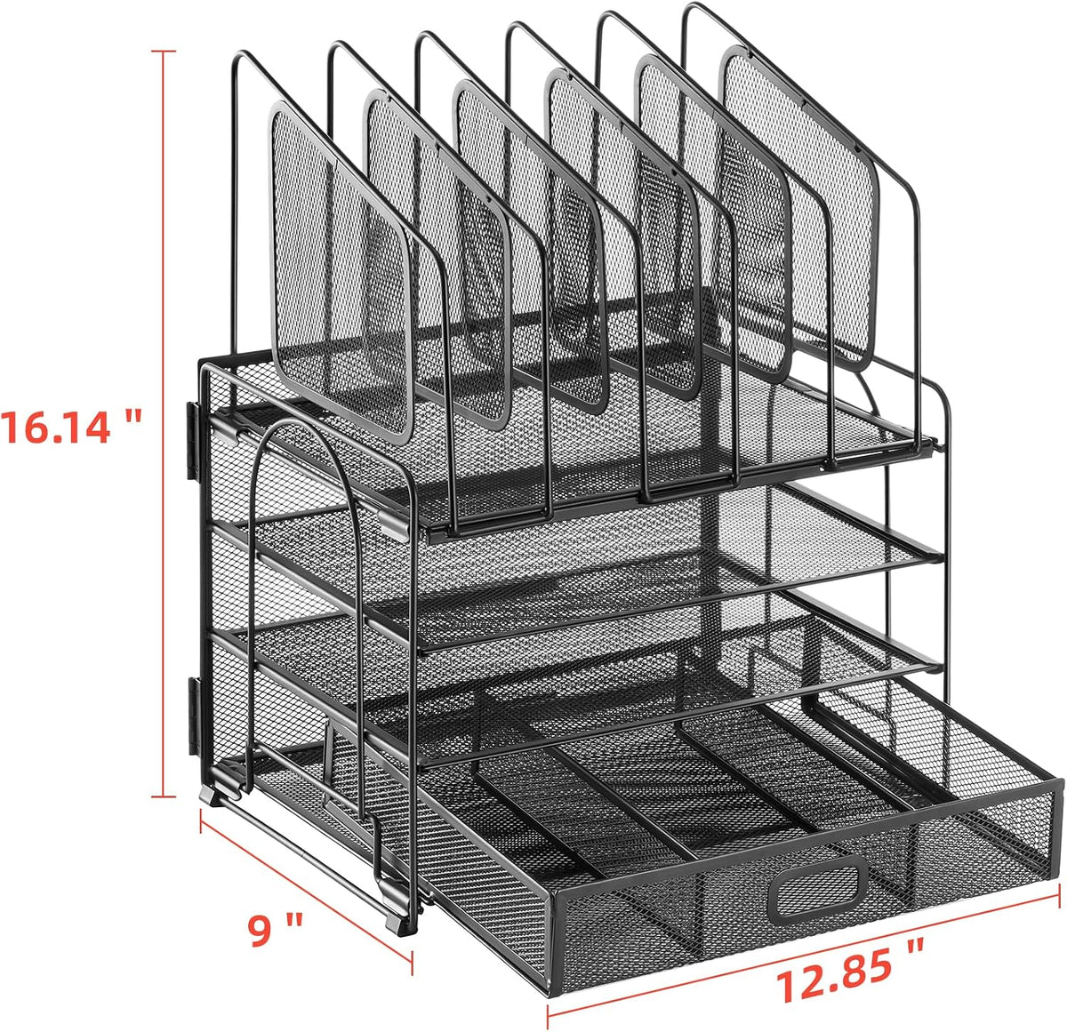 Desk Organizer with Drawer, 4-Tier Mesh File Organizer with 5 Vertical File Holders and 2 Pen Holders, Multifunction Desktop Organizer,Desk Organizers and Accessories for Home Office