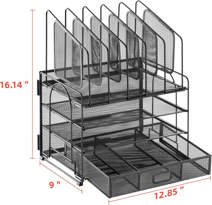 Desk Organizer with Drawer, 4-Tier Mesh File Organizer with 5 Vertical File Holders and 2 Pen Holders, Multifunction Desktop Organizer,Desk Organizers and Accessories for Home Office