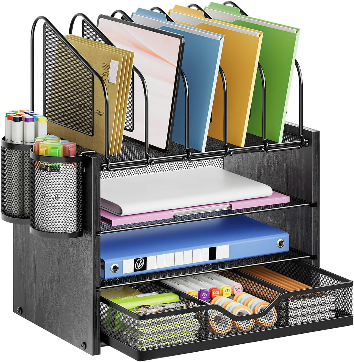 Desk Organizer with Drawer, 4-Tier Mesh File Organizer with 5 Vertical File Holders and 2 Pen Holders, Multifunction Desktop Organizer,Desk Organizers and Accessories for Home Office
