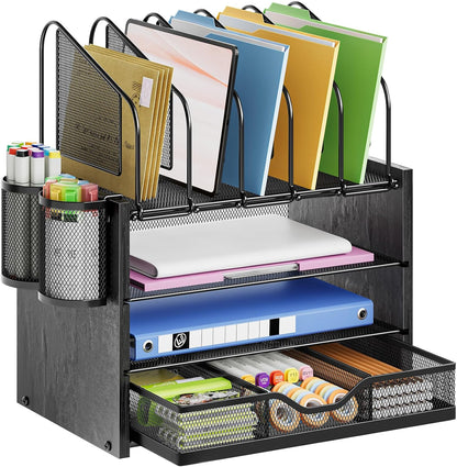 Desk Organizer with Drawer, 4-Tier Mesh File Organizer with 5 Vertical File Holders and 2 Pen Holders, Multifunction Desktop Organizer,Desk Organizers and Accessories for Home Office
