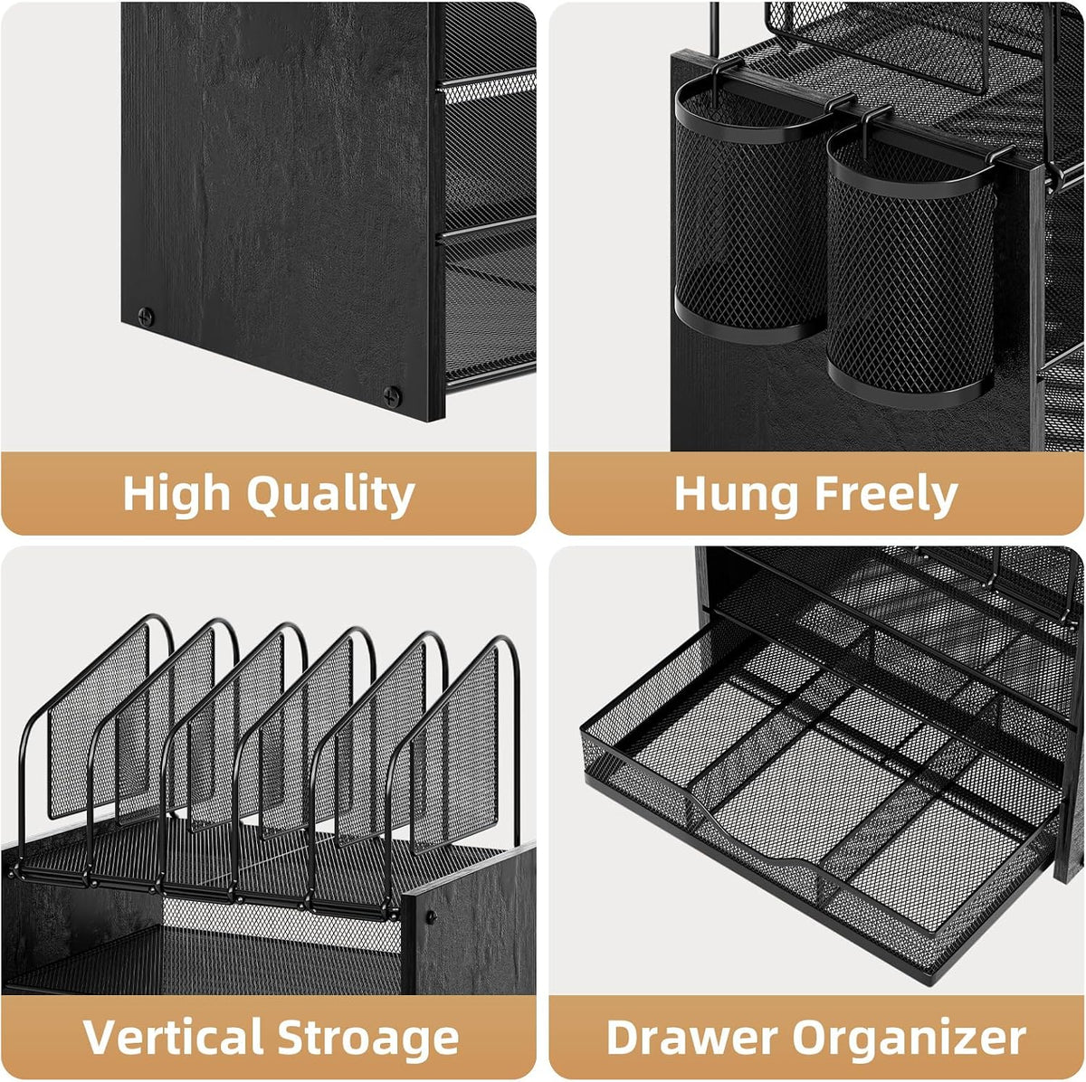 Desk Organizer with Drawer, 4-Tier Mesh File Organizer with 5 Vertical File Holders and 2 Pen Holders, Multifunction Desktop Organizer,Desk Organizers and Accessories for Home Office