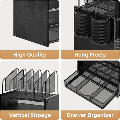 Desk Organizer with Drawer, 4-Tier Mesh File Organizer with 5 Vertical File Holders and 2 Pen Holders, Multifunction Desktop Organizer,Desk Organizers and Accessories for Home Office