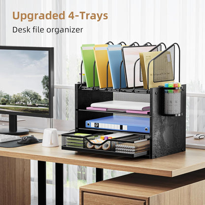 Desk Organizer with Drawer, 4-Tier Mesh File Organizer with 5 Vertical File Holders and 2 Pen Holders, Multifunction Desktop Organizer,Desk Organizers and Accessories for Home Office